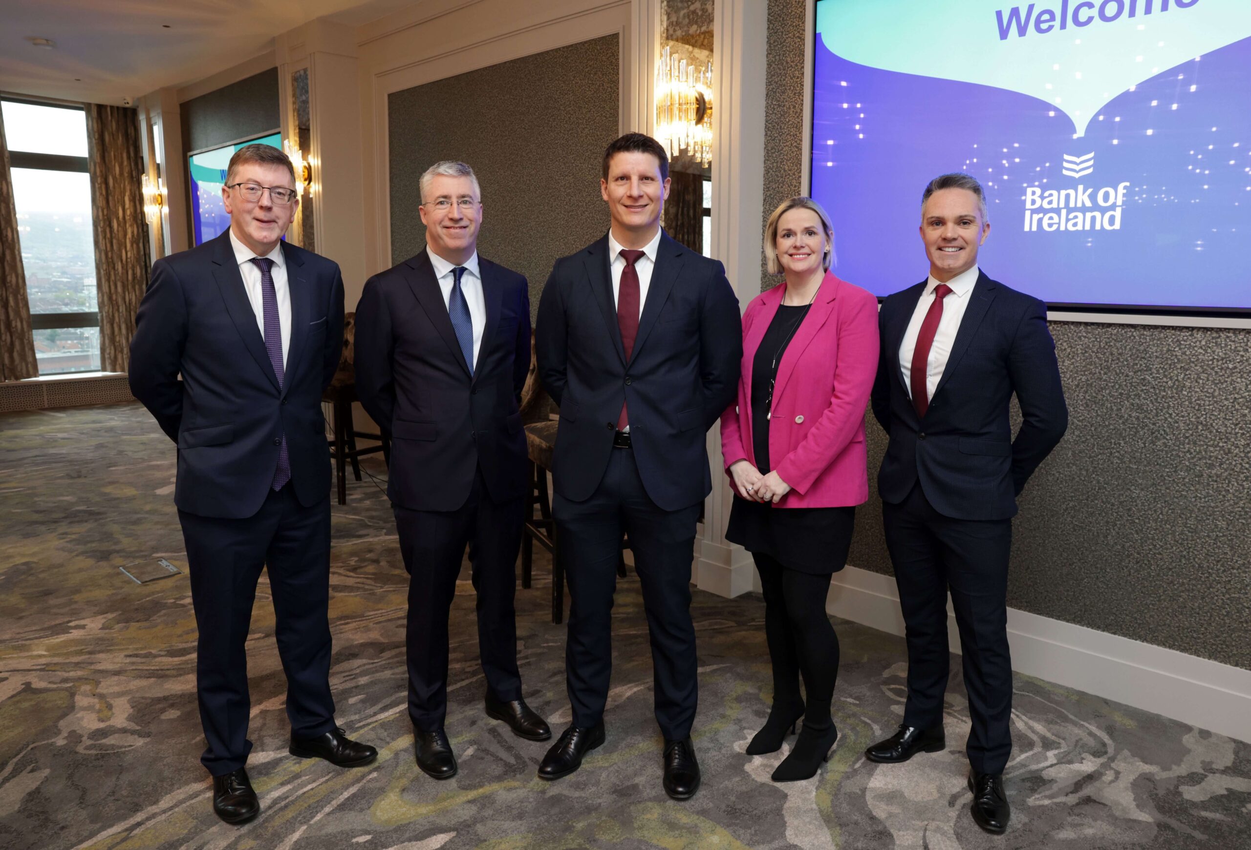 From left Alan Bridle, Economist, Bank of Ireland, Donough Kilmurray, Chief Investment Officer, Davy, Paul Magee, Director, Corporate Banking NI, Bank of Ireland, Colette Shirley, Director of Sustainability, Corporates & Markets, Bank of Ireland and Colm Moane, Associate Director, Corporate Banking NI, Bank of Ireland.