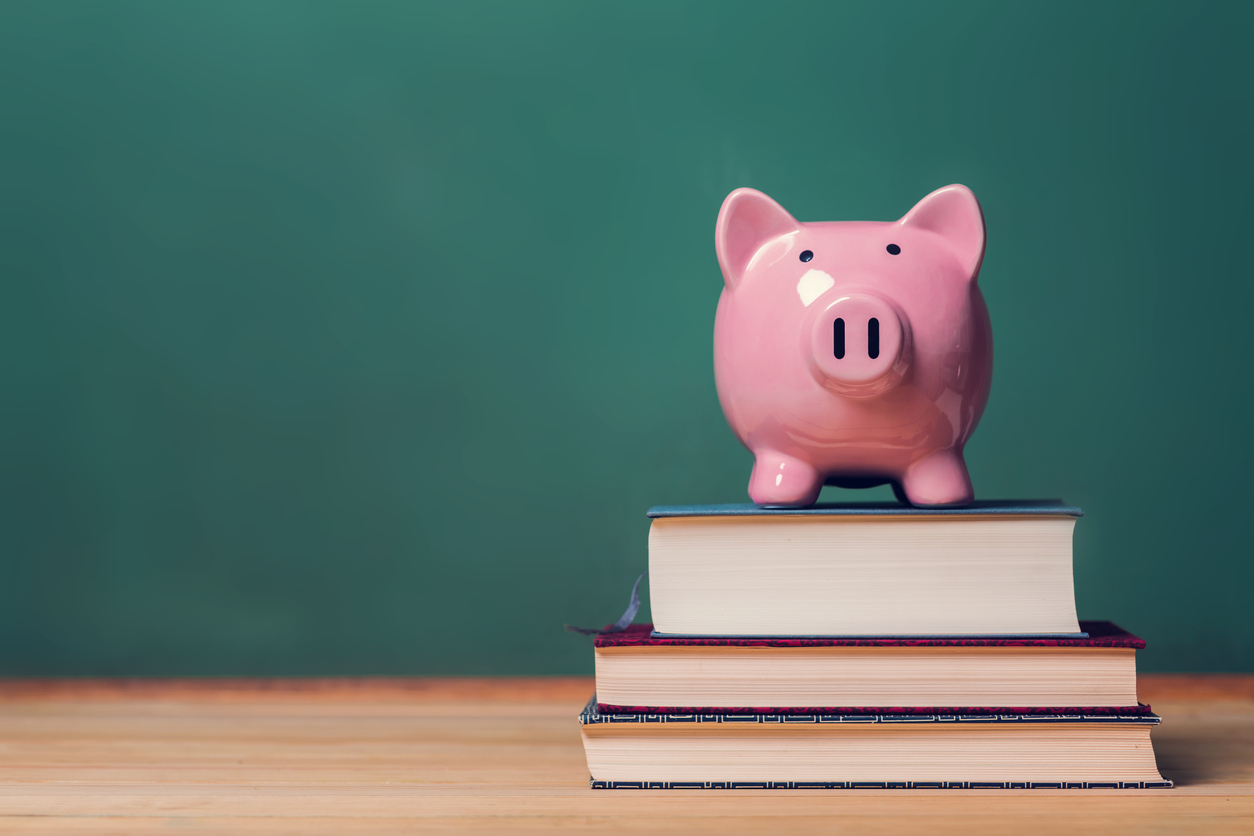 Pink Piggy bank on top of books with chalkboard in the background as concept image of the costs of education