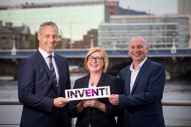 Winners of INVENT 2018 Julie and David Gray of Gray’s Clip are congratulated by headline sponsor Gavin Kennedy of Bank of Ireland UK.  Picture by Brian Morrison.