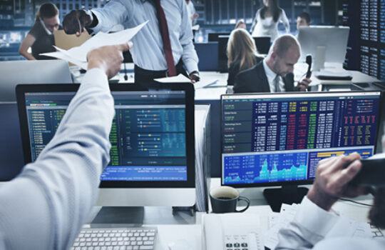 A busy stock trading room