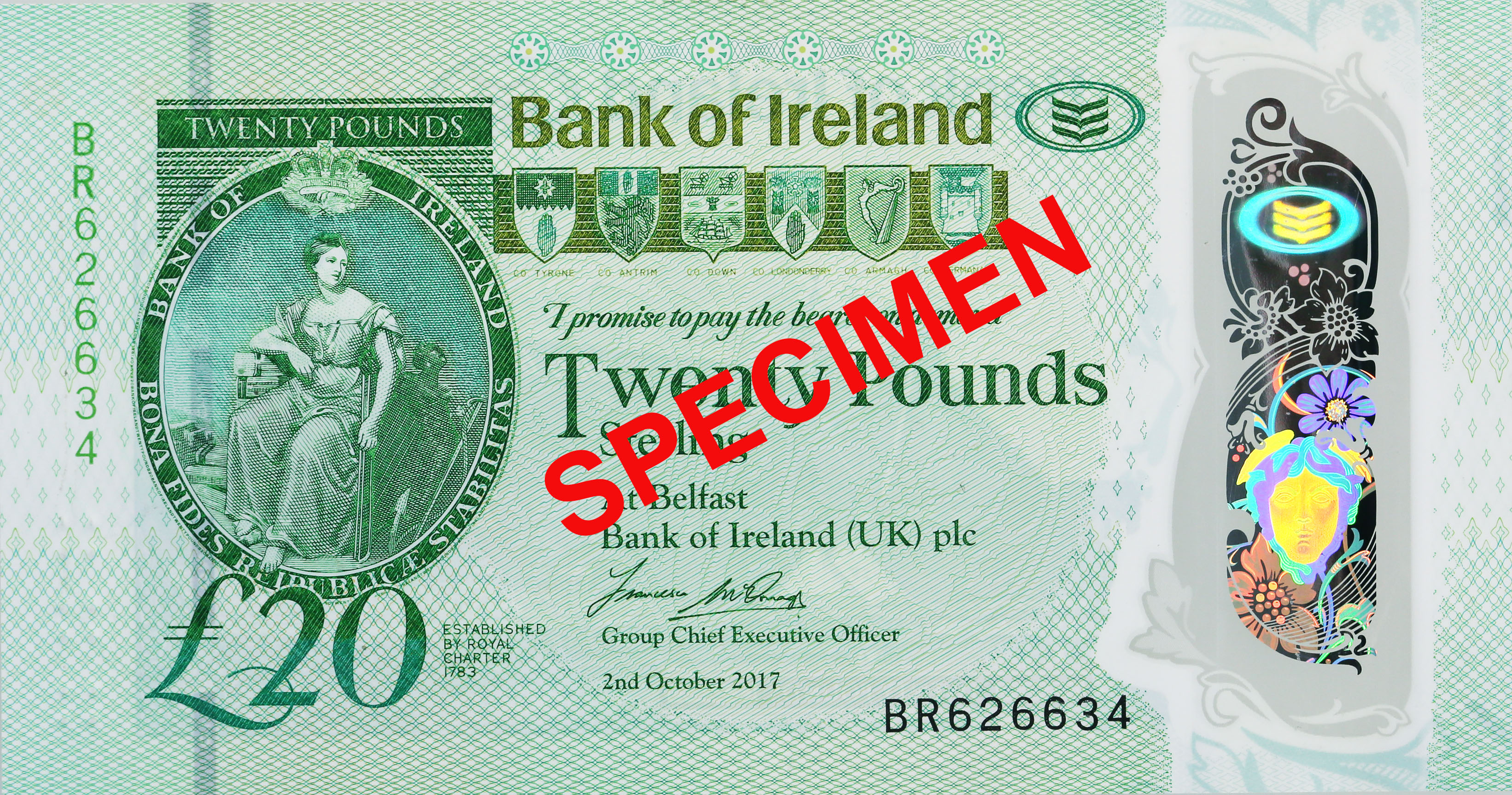 An example of the front of a £20 Bushmills Polymer Series note