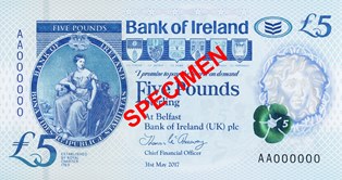 An example of the front of a £5 Bushmills Polymer Series note