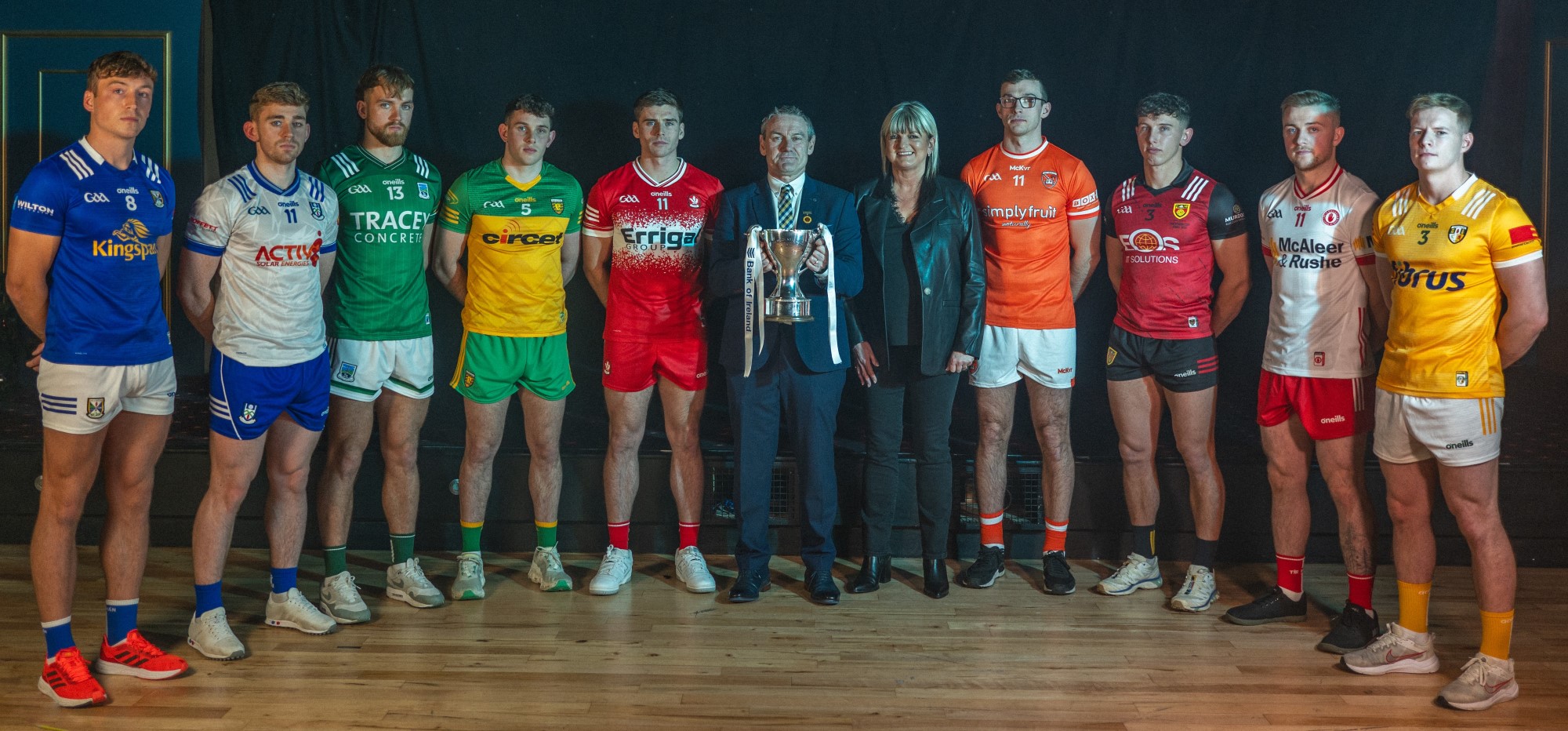 Ulster GAA President Ciaran McLaughlin with representatives of the competing counties, at the official launch of the Bank of Ireland Dr. McKenna Cup