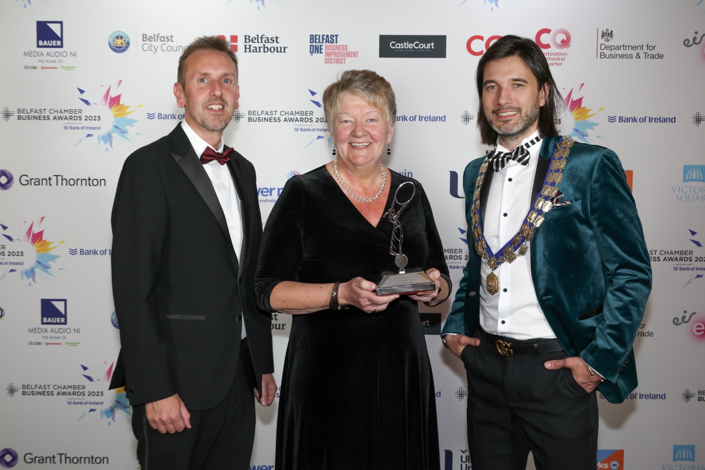 From left Paul McClurg, Head of Belfast Business Banking, Bank of Ireland, Ellvena Graham OBE and Gavin Annon, President of Belfast Chamber