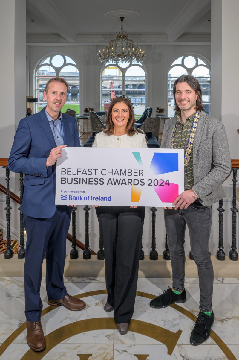 From left, Paul McClurg, Head of Belfast Business Banking, Bank of Ireland UK, Broadcaster and Launch Event Host, Jo Scott and Belfast Chamber President, Gavin Annon