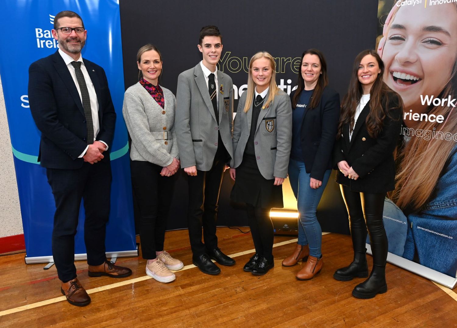 Catalyst and Bank of Ireland UK members with the principal and students from Dunclug College