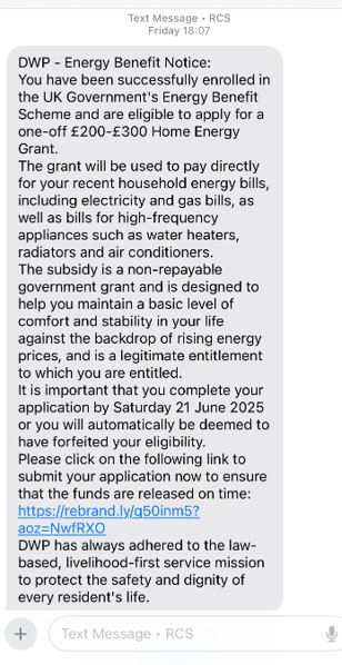 example of fake energy allowance text message