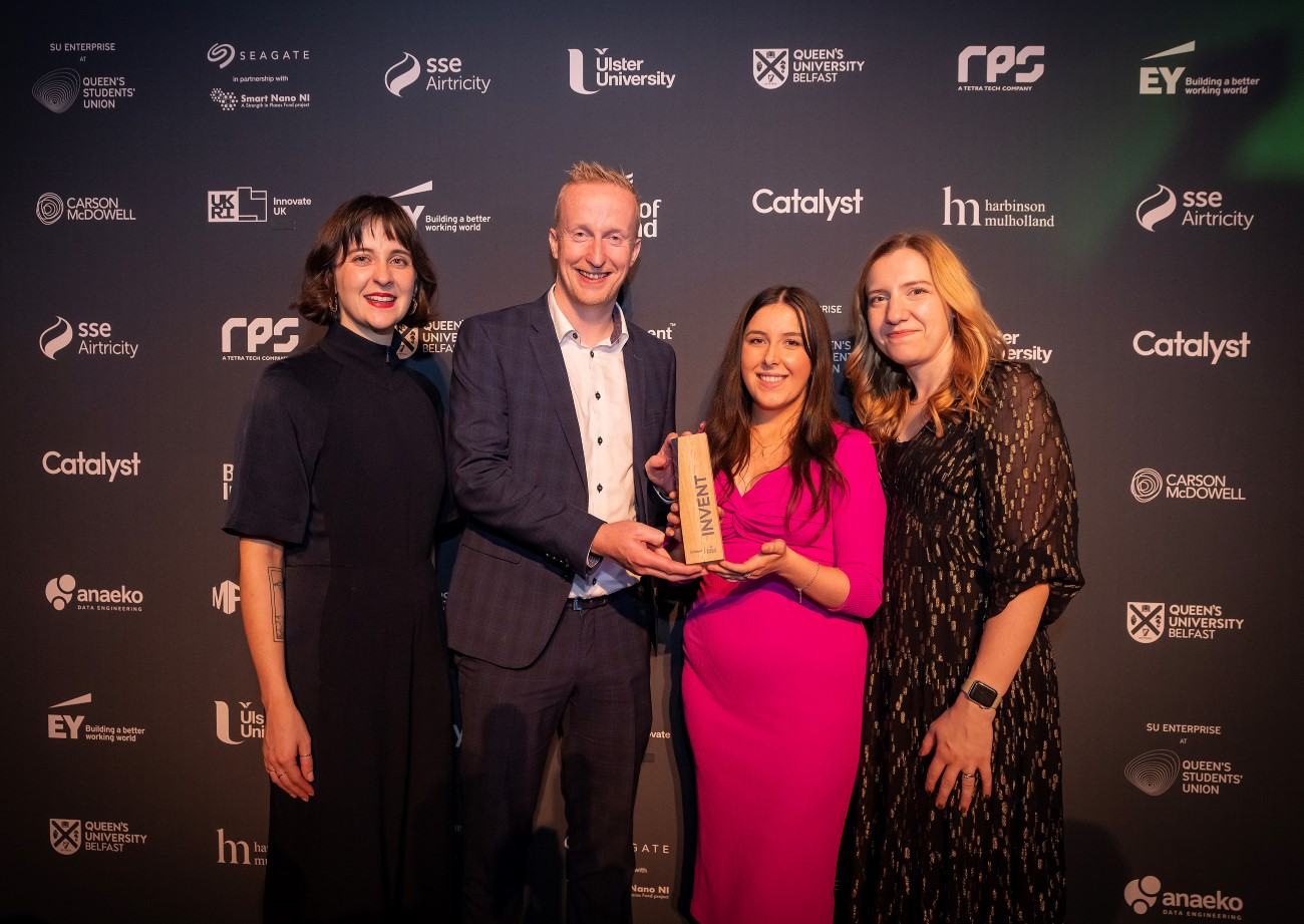 From left, INVENT programme manager Meg Magill, Niall Devlin, head of business banking NI at Bank of Ireland, GoPlugable co-founder Maebh Reynolds and Fiona Bennington, director of entrepreneurship and scaling