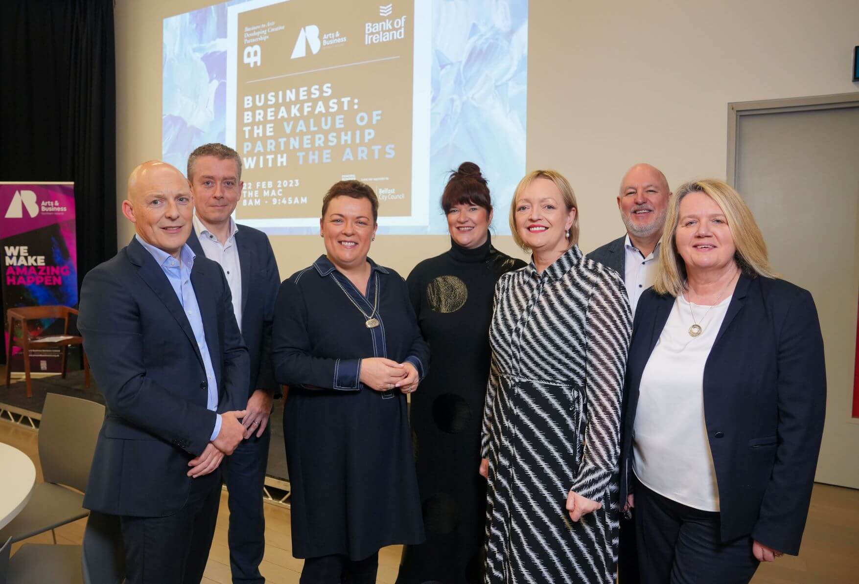 From left Johnny Hanna Partner-in-Charge KPMG, Damian McParland Chairman Arts & Business NI, Paula Murphy Group Director Brand & Sponsorship Bank of Ireland, Louise O’Reilly Chief Executive Business to Arts, Mary Nagele Chief Executive Arts & Business NI, John Harkin Founder & CEO, Alchemy Technology Services, Michele Devlin Director Belfast Film Festival